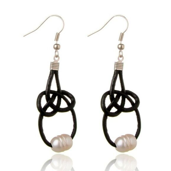 Handmade Freshwater Pearl and Black Cowhide Leather Knotted Dangle Earrings - Picture 1 of 3